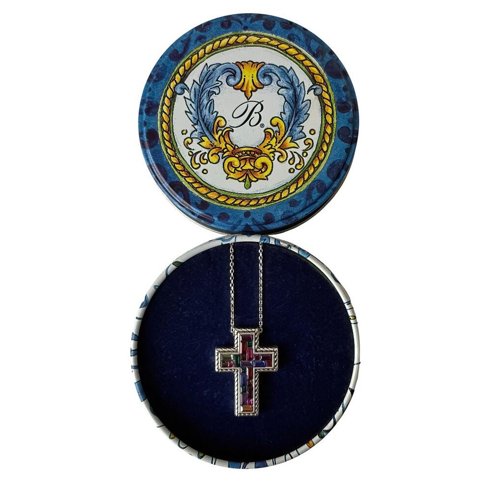 Brighton St Michel Mosaic Cross Necklace Multicolor Baguette Crystal Retired